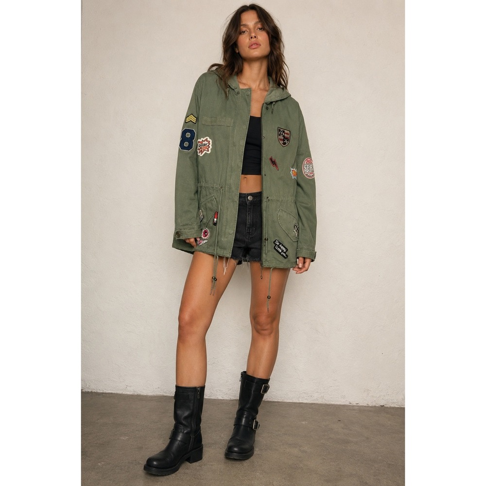 Bagatelle Collection Parka Jacket L Green Patch Utility Military Hooded Coat